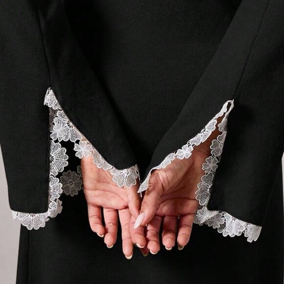 Black Elegant Women's Knit Sweater Lace detailed Dress & Cardigan Set - Picture 14 of 14